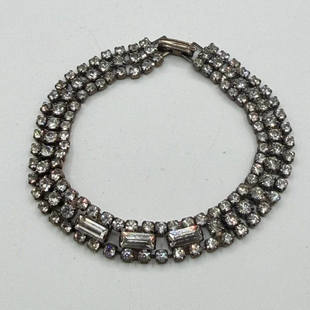 Clear Rhinestone Silver Tone Multi Row Bracelet Baguette Statement Bridal Gift